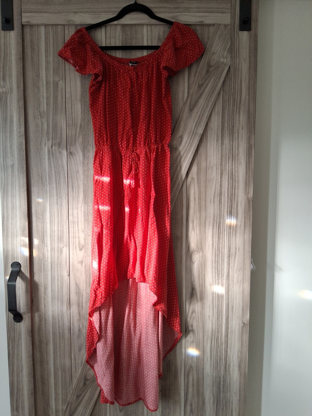 Justify Red Polka Dot Hi-Low Off-Shoulder Dress
